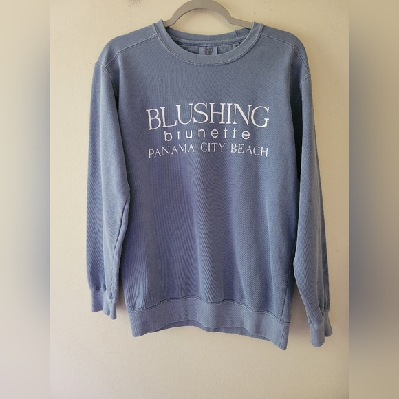 Blushing Brunette Dusty Blue Preppy Coastal Beach Crewneck Sweatshirt Small - Picture 1 of 5
